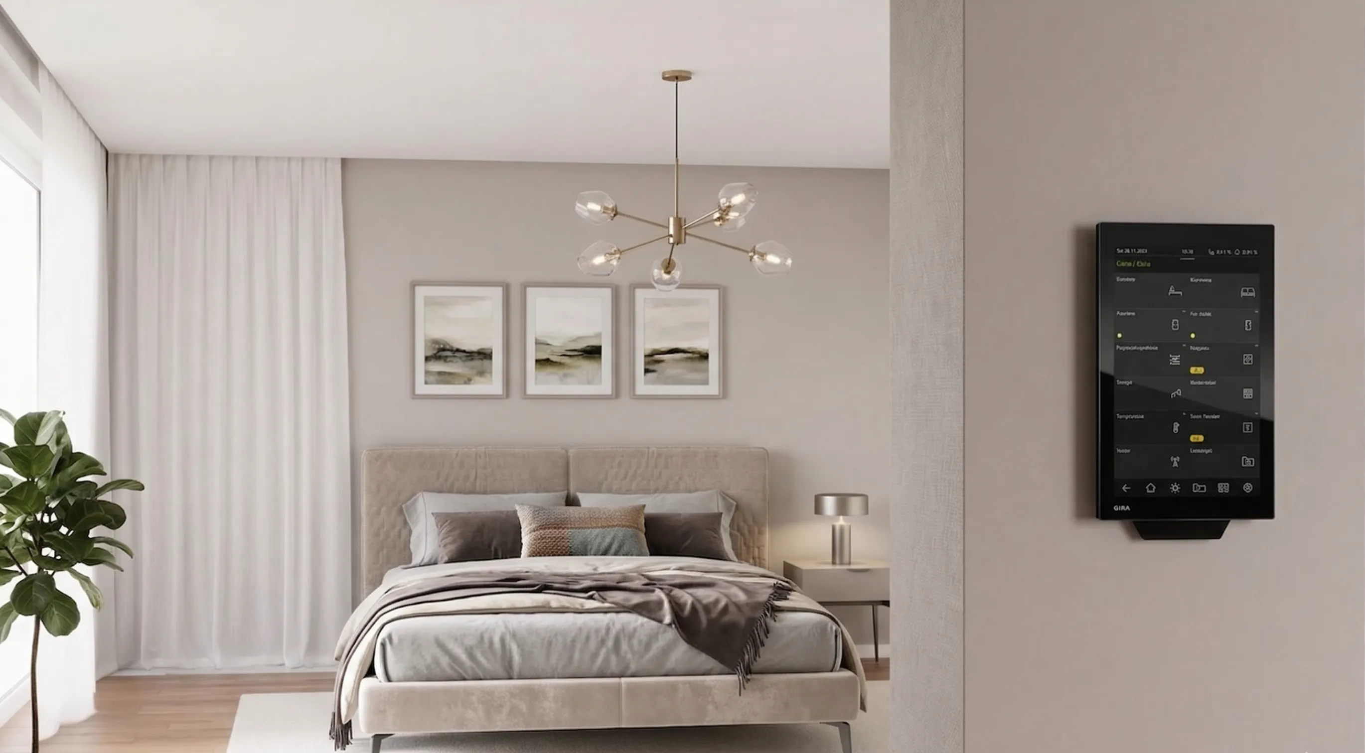 Modernes Schlafzimmer mit KNX-Bedienpanel